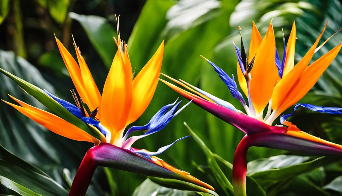 A close-up image of a Bird of Paradise plant with vibrant tropical flowers and lush green leaves