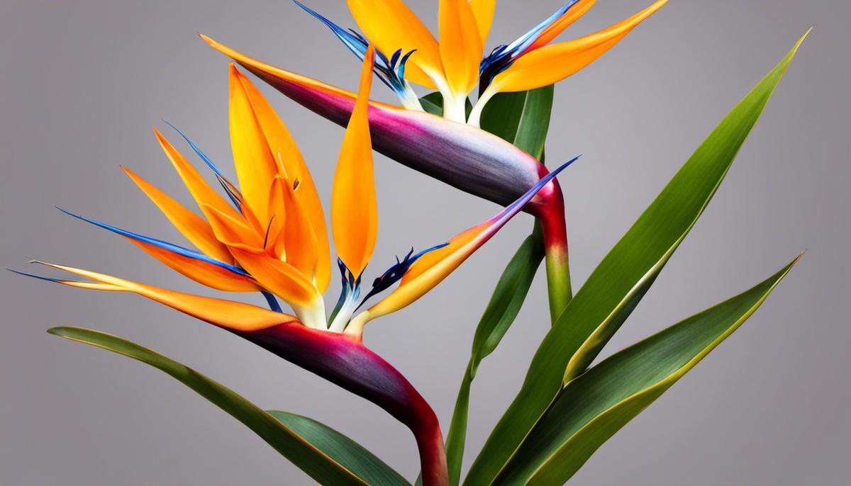 A vibrant Bird of Paradise plant with colorful flowers that resemble the head of a bird, standing tall and leafy.