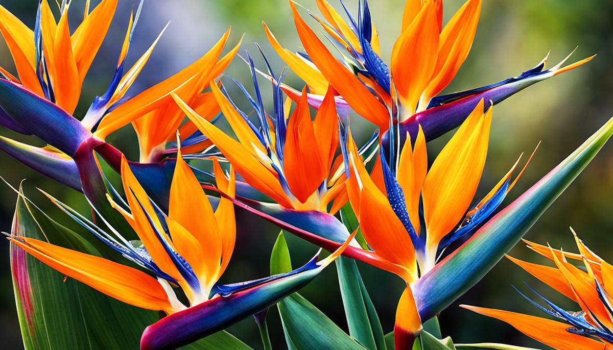 Image depicting Bird of Paradise flowers in vibrant colors resembling exotic birds flying.