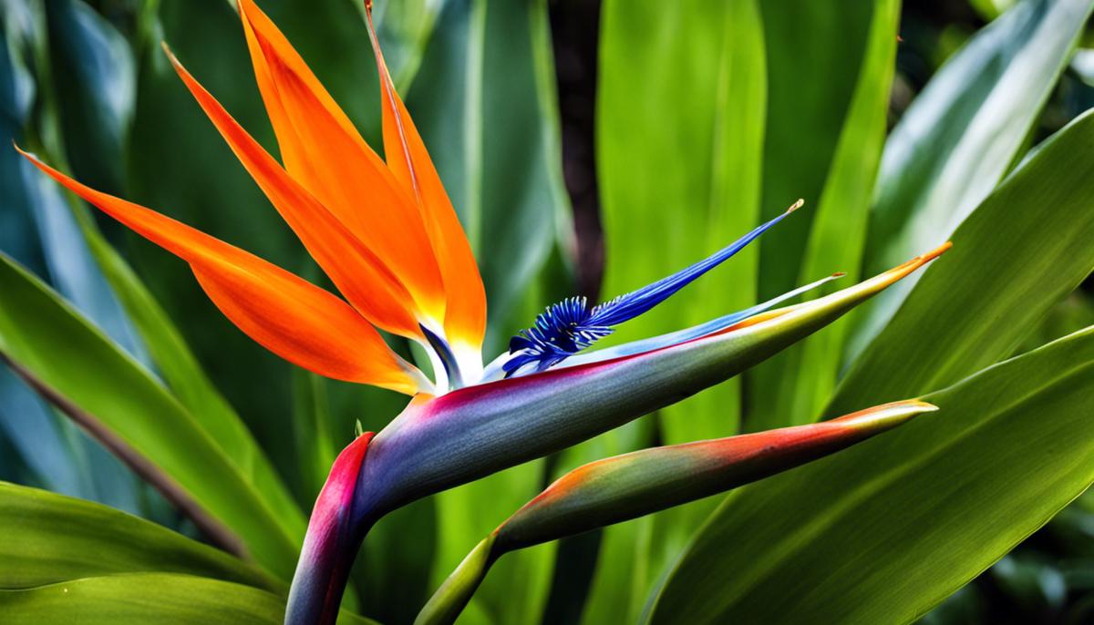 A picture of a Bird of Paradise plant with lush green leaves and vibrant orange and blue flowers, showcasing its beauty.