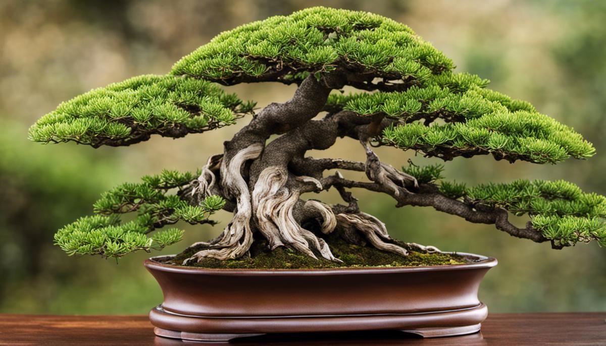 Bonsai tree in a ceramic pot with earth-tone colors, showcasing the harmony between the tree and pot.