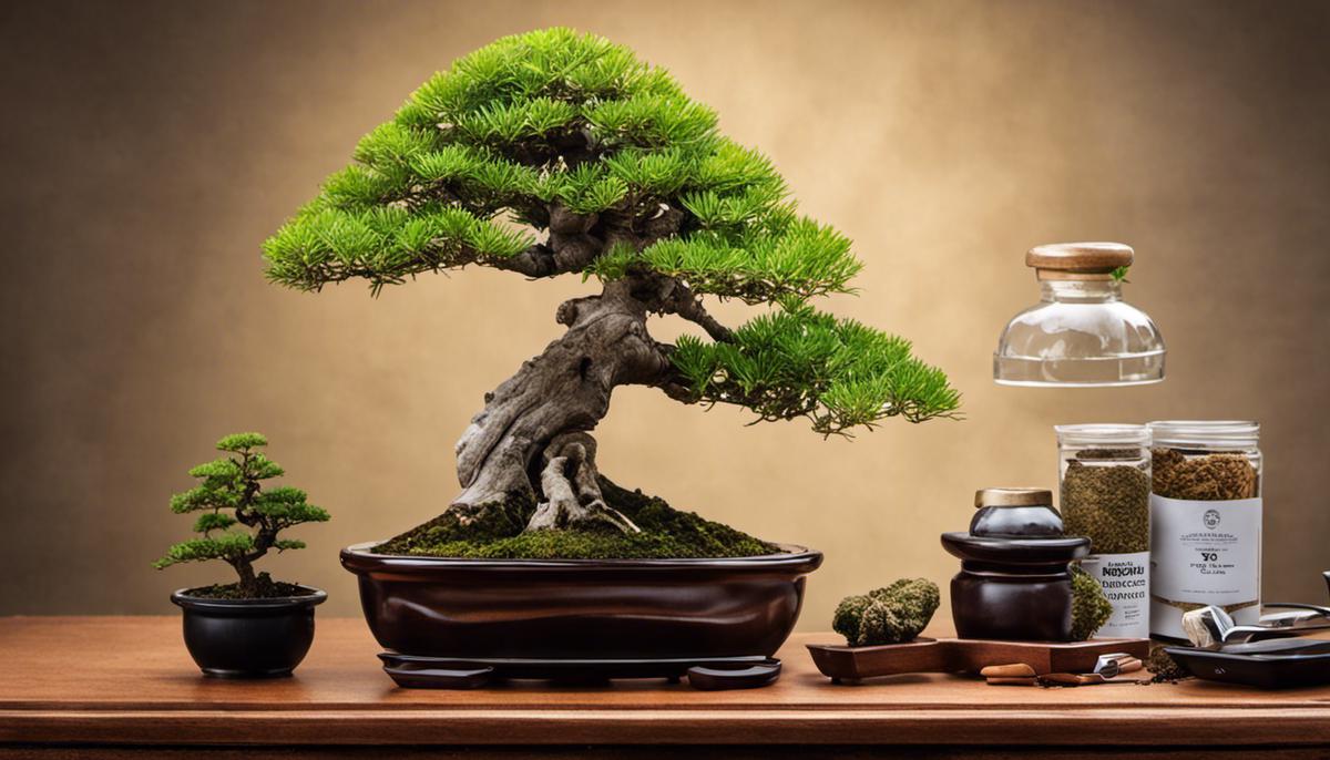 Image of a bonsai starter kit with various tools and a small bonsai tree. The image showcases all the items included in the kit.