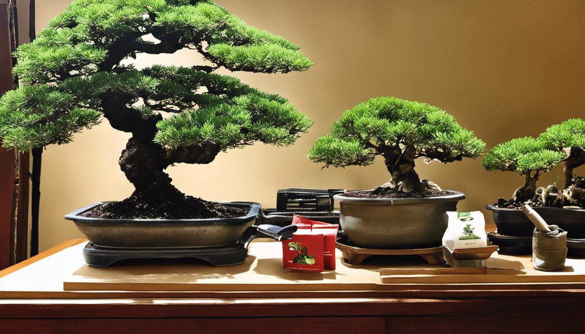 A bonsai starter kit containing various tools such as a bonsai tree or seeds, a pot, bonsai soil, pruning shears, tweezers, bonsai wire, an instructional booklet, watering can, drainage mesh, misting bottle, and handling gloves.