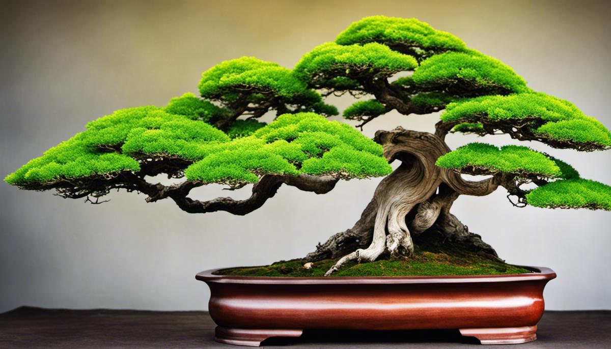 Image of a beautiful Bonsai tree with a twisted trunk and vibrant green foliage.