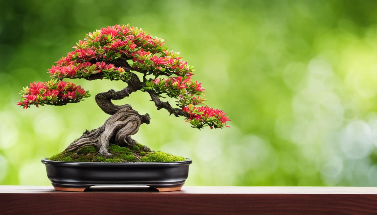 A vibrant bonsai tree with lush green leaves and a small miniature tree in a container, representing the beauty and artistry of bonsai tree care