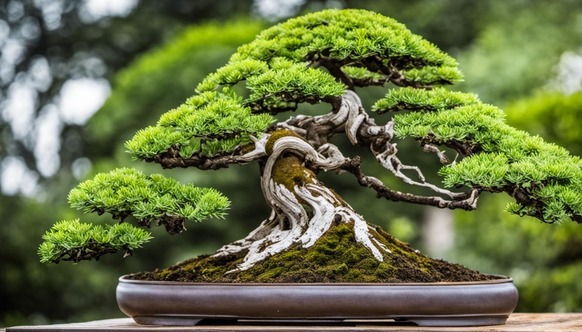 Image of bonsai tree affected by disease and pests showing wilting leaves and white powdery growth