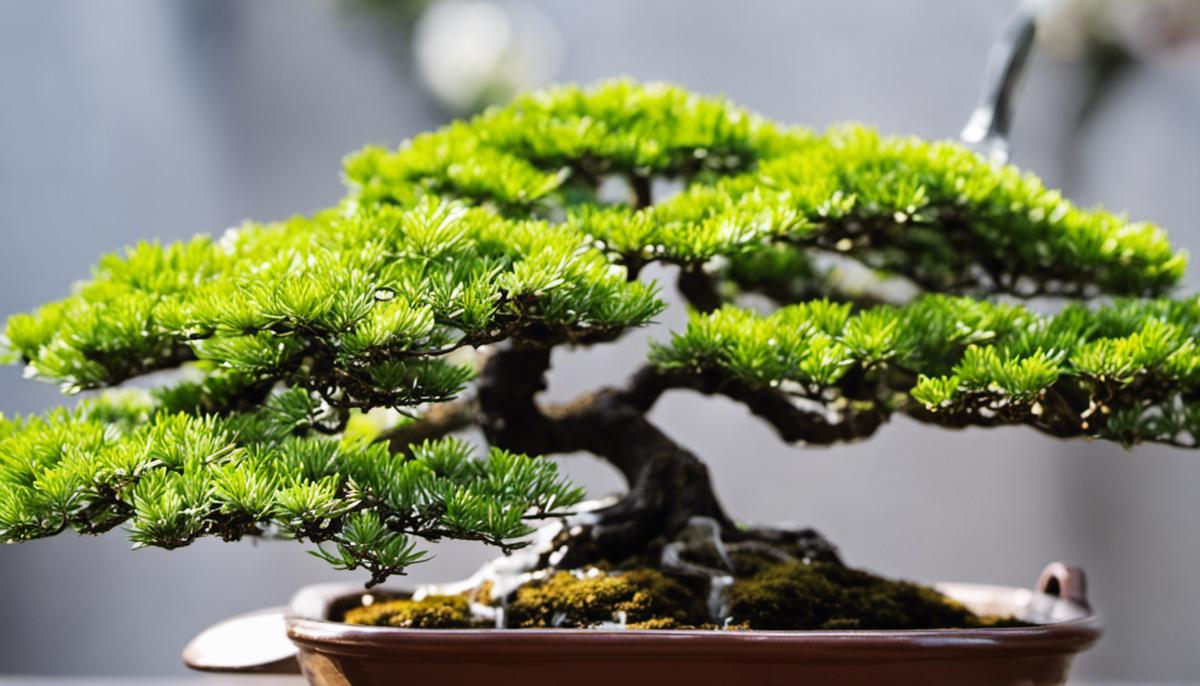 A bonsai tree being watered with a small watering can, showing the delicate care required for bonsai tree maintenance.