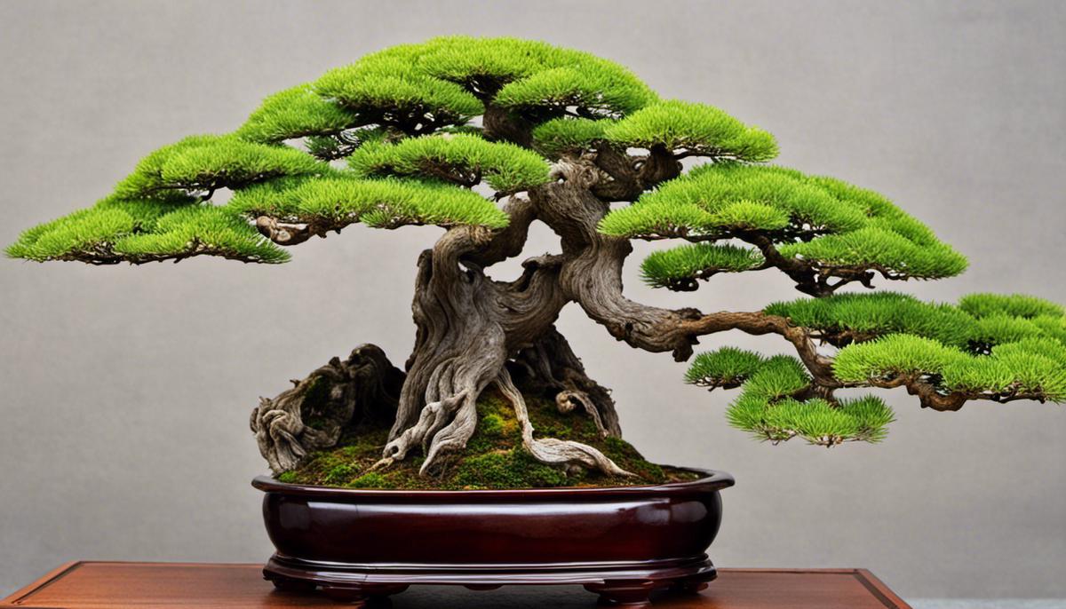 A variety of bonsai trees displayed on a table, showcasing their miniature size and intricate shapes