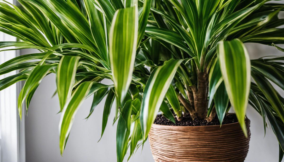 A lush green Dracaena houseplant with long leaves and a sturdy trunk, adding beauty to any indoor space.