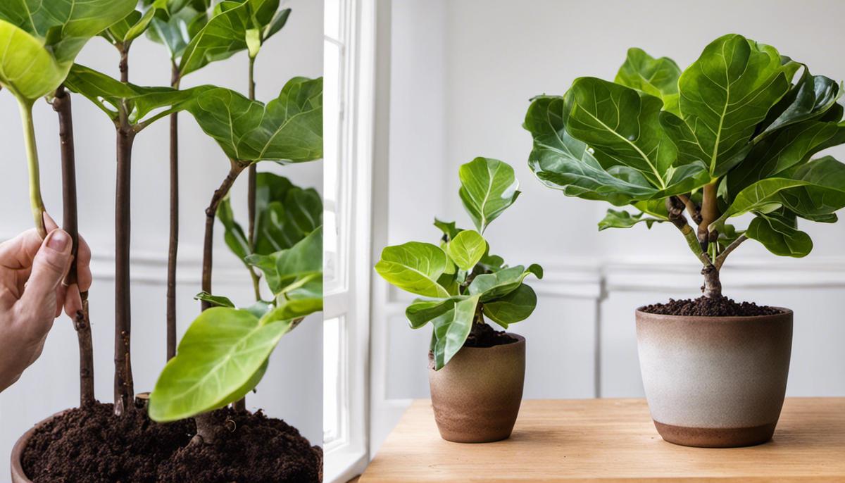 An image illustrating the process of repotting a fiddle leaf fig, showing the steps of removing the plant from its pot, shaking off excess soil, trimming roots, placing it in a new pot, adding fresh soil, and watering.