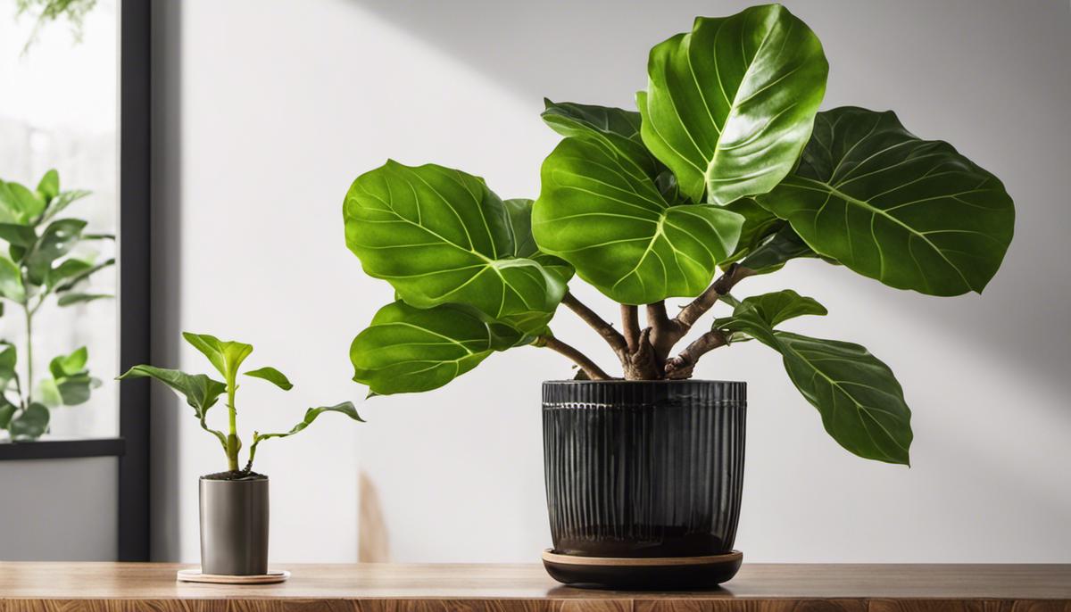 A fiddle leaf fig plant with healthy green leaves and a jar of water nearby for watering.