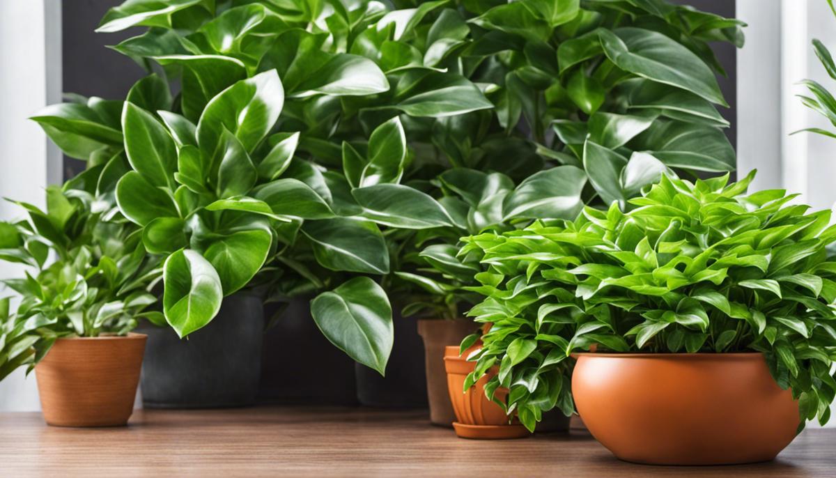 A potted houseplant with vibrant green leaves, demonstrating healthy growth.