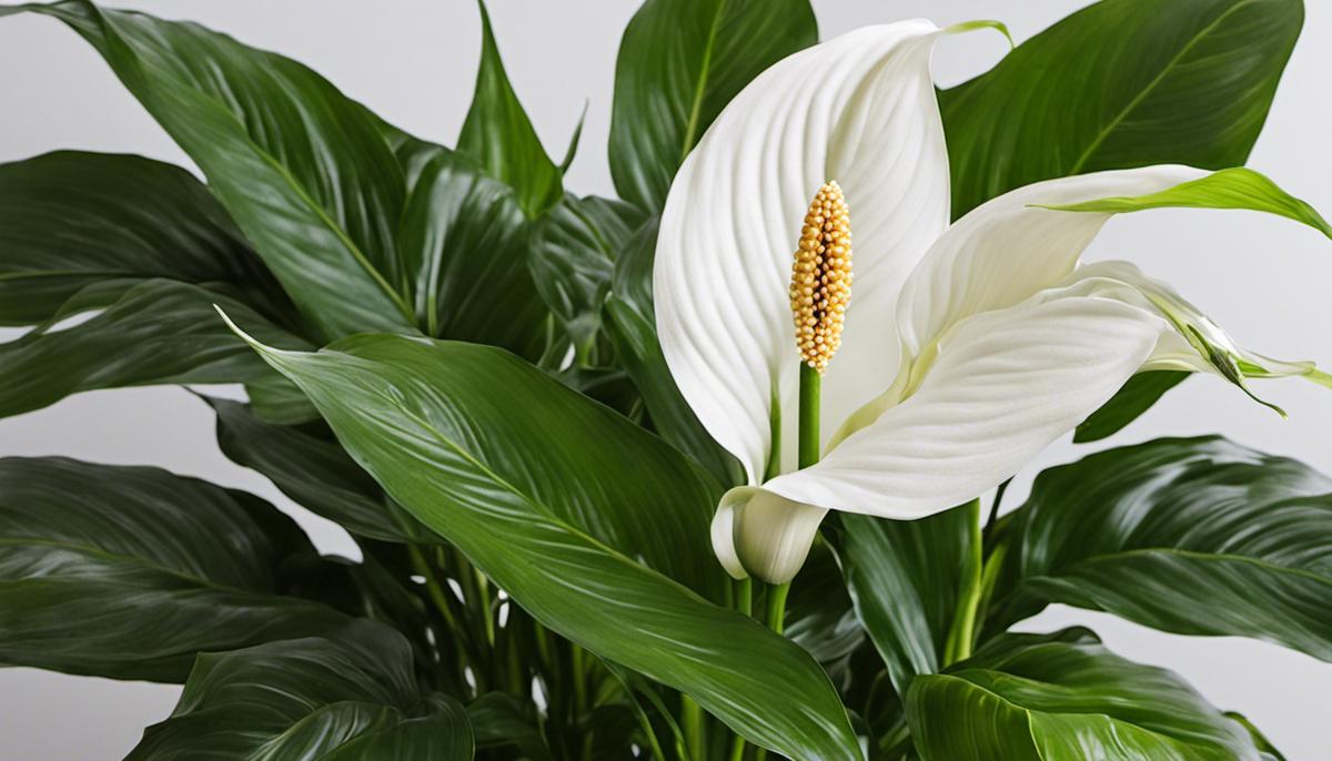 Image of a Peace Lily plant with rich glossy leaves and delicate white blooms, adding a touch of nature to indoor spaces