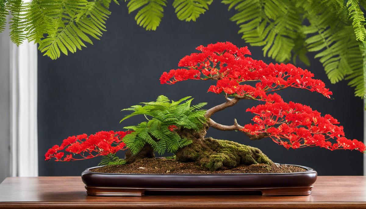 A image of a Royal Poinciana Bonsai with vibrant red flowers and detailed fern-like leaves